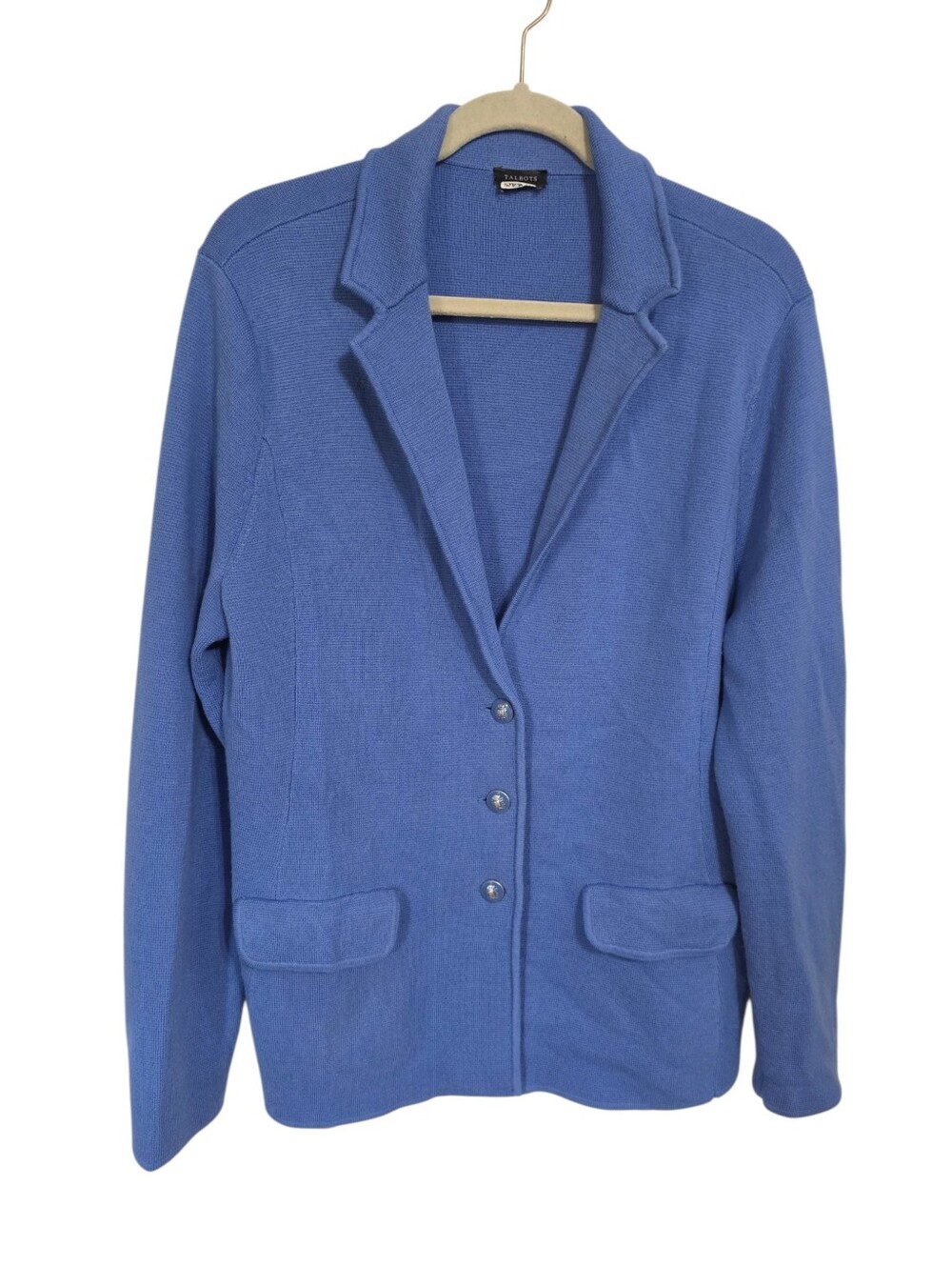 Talbots Blue 100% Merino Wool Cardigan Sweater Blazer L Button Up